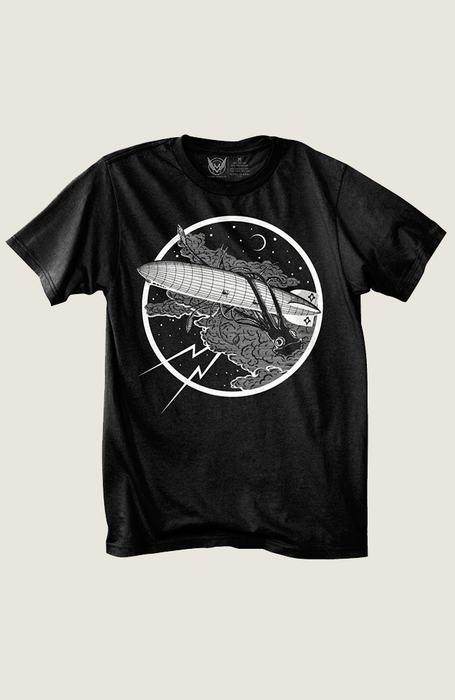 Black unisex t-shirt featuring a graphic print of a storm with a depiction of a giant squid, a zeppelin, and the night sky.
